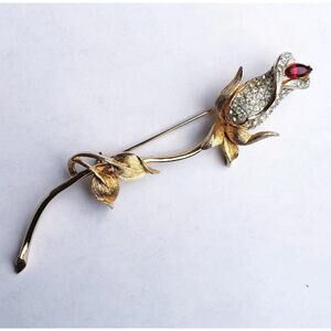 Vintage Signed FRANCOIS Gold Tone Red Rhinestone Long Stemmed Flower Brooch 4"